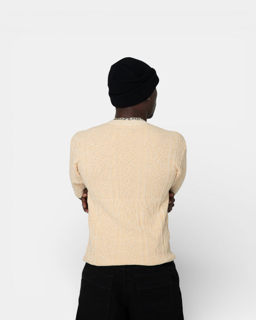Pransh The Jacq-ed Tee in Beige, men’s 3D jacquard knit premium cotton t-shirt, all-over Pransh logo texture
