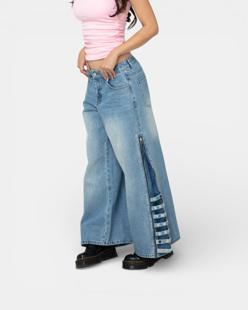 Pransh Eden high-rise jeans in Celeste Bleu, premium 100% cotton denim with zipper and strap