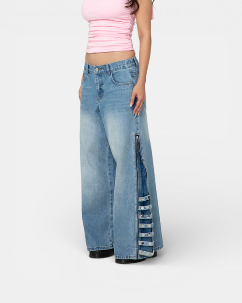 Pransh Eden high-rise jeans in Celeste Bleu, premium 100% cotton denim, side zipper flare detail
