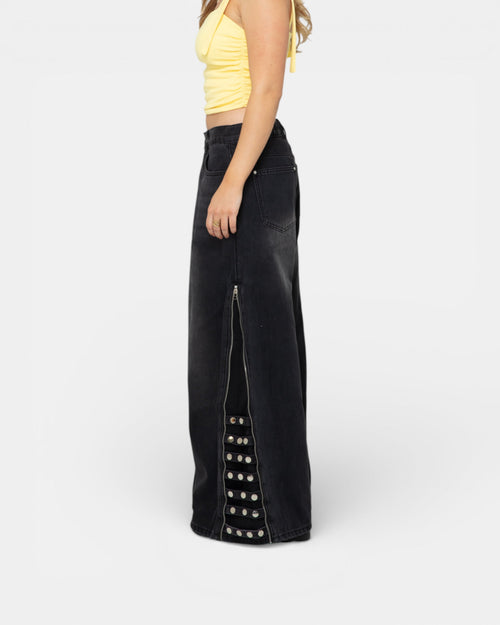Pransh Eden high-rise jeans in Midnight Slate, premium 100% cotton denim, side zipper flare detail