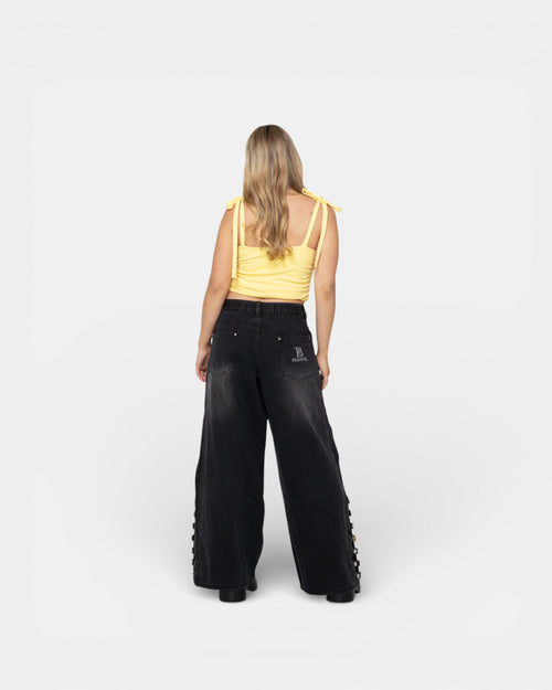 Pransh Eden high-rise jeans in Celeste Bleu, premium 100% cotton denim with zipper and strap, back view