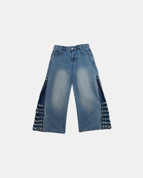 Pransh Eden high-rise jeans in Celeste Bluu, premium 100% cotton wide-legged denim with transform zippers