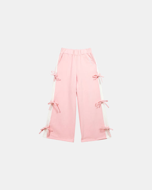 Pransh French Terry Sweatpants in pink, premium wide-leg cotton sweatpants with contrast side panels and decorative bow ties