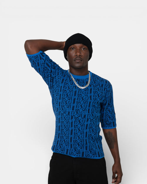 Pransh The Jacq-ed Tee in Deep Marine, men’s premium 3D logo jacquard cotton knit t-shirt, relaxed fit