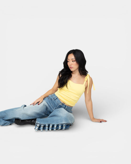 Pransh Muse Cinch Top in Honey (yellow), premium women’s cropped stretch jersey top with sweetheart neckline and tie straps