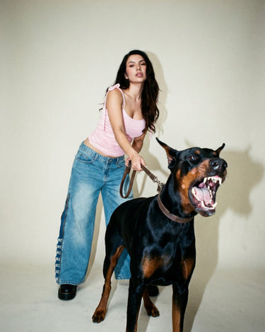 Pransh Eden High-Rise Jeans Collection, model in premium wide-leg denim with side zipper panels and signature hardware