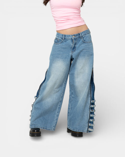 Pransh Eden high-rise jeans in Celeste Bleu, premium 100% cotton denim, wide-leg with zipper panels