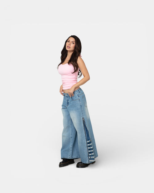 Pransh Eden high-rise jeans in Celeste Bleu, premium 100% cotton denim, with zipper panels and straps