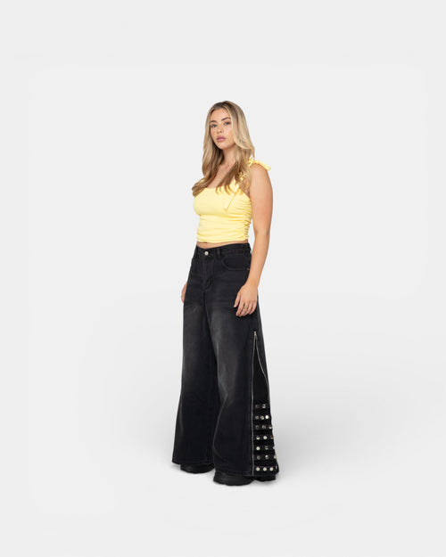 Pransh Eden high-rise jeans in Slate black, premium 100% cotton denim, high rise fit, wide-leg