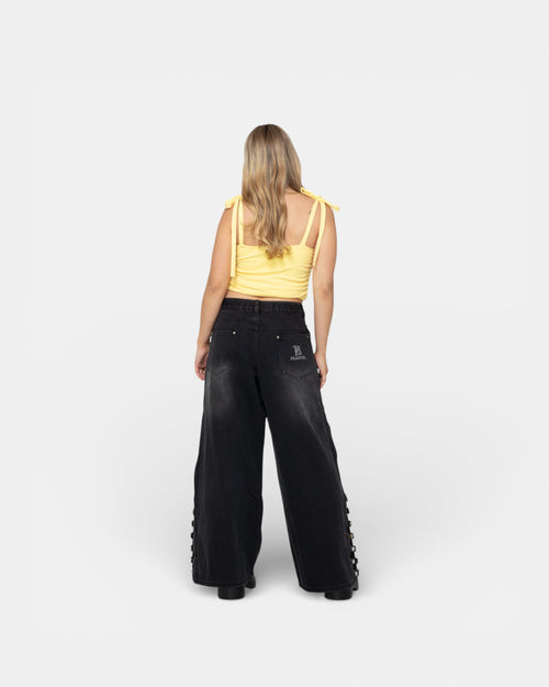 Pransh Eden high-rise jeans in Celeste Bleu, premium 100% cotton denim with zipper and strap, back view