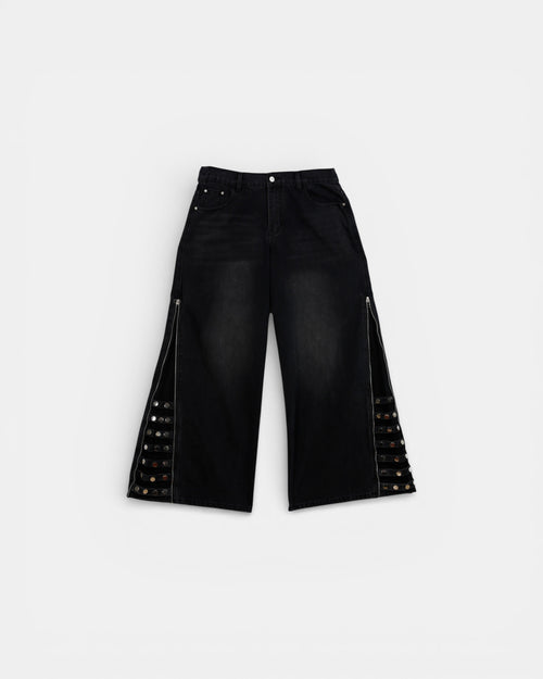 Pransh Eden high-rise jeans in black, premium 100% cotton wide-legged denim with transform zippers