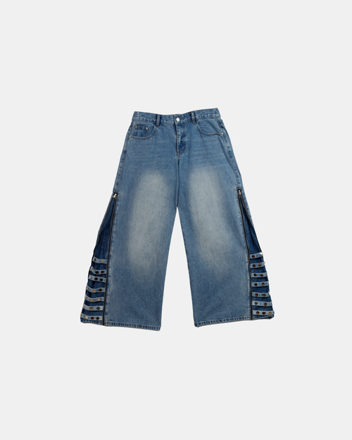 Pransh Eden high-rise jeans in Celeste Bluu, premium 100% cotton wide-legged denim with transform zippers