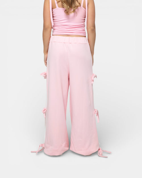 Pransh Halo Sweatpants in Blush (light pink), signature premium cotton French terry, bow strap detail