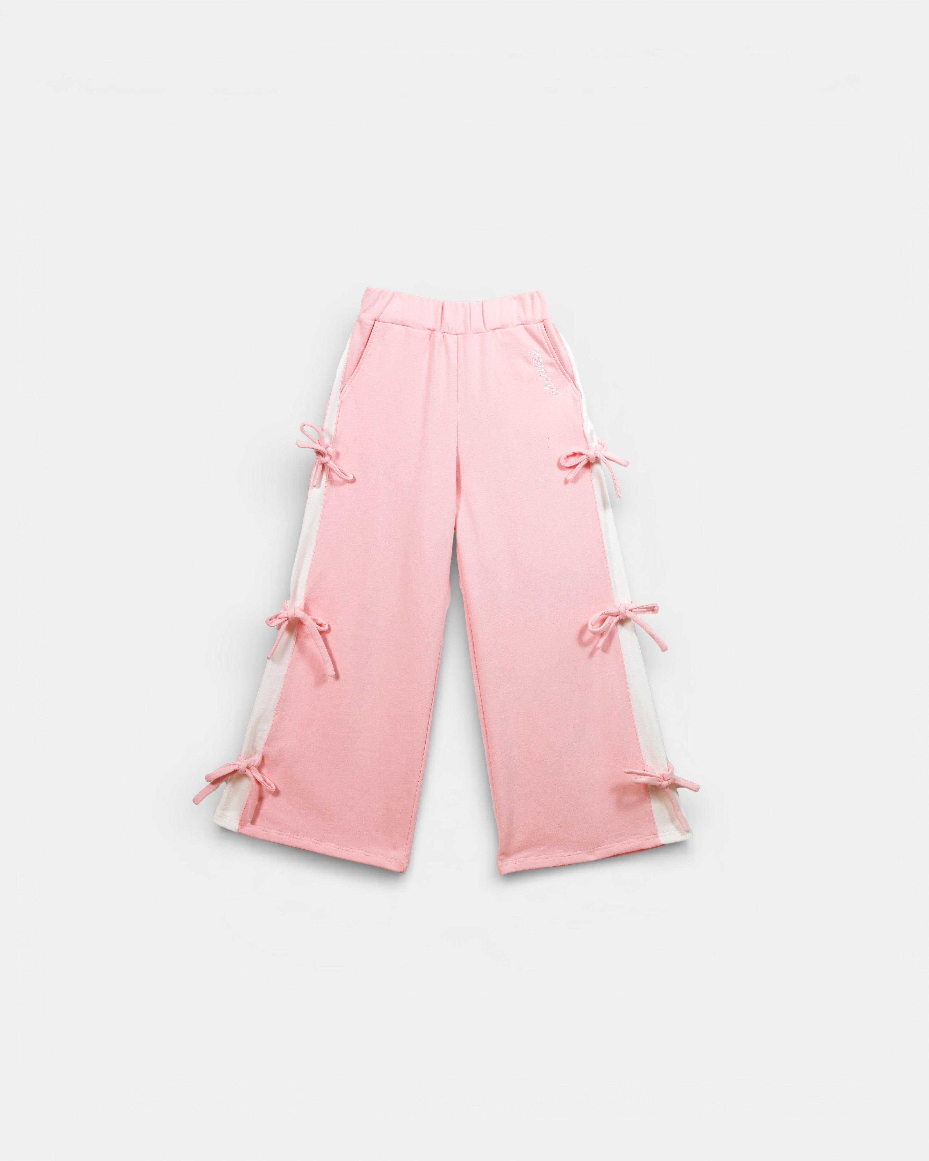 Pink pants with tie details on a light gray background and white stripes (Side panels)