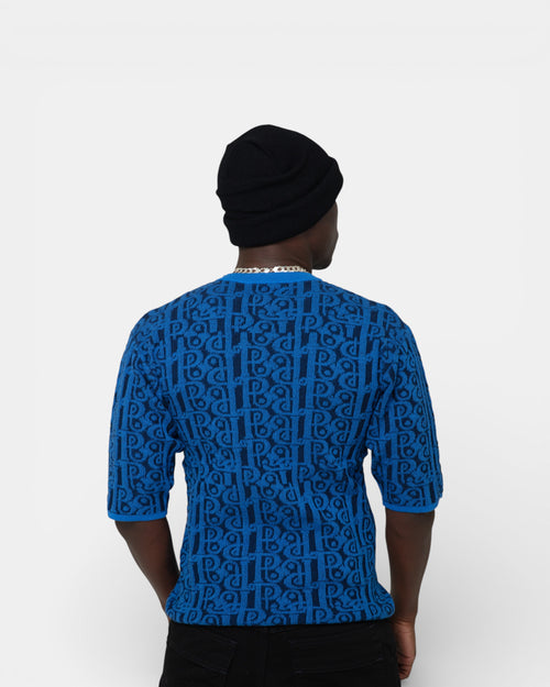Pransh The Jacq-ed Tee in Deep Marine, premium men’s 3D jacquard knit cotton t-shirt, all-over logo pattern, back view