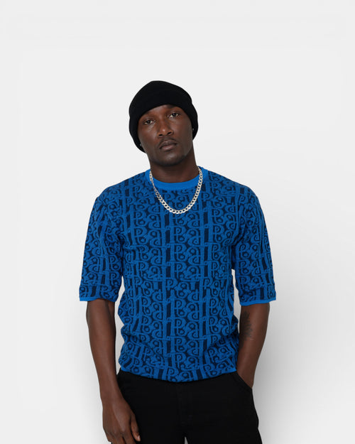 Pransh The Jacq-ed Tee in Deep Marine, men’s relaxed boxy jacquard knit 100% premium cotton tee, ribbed crew neck