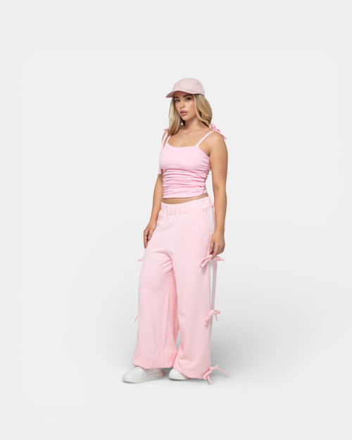 Pransh Halo Sweatpants in Blush (light pink), premium wide-leg cotton, back view with contrast side panel