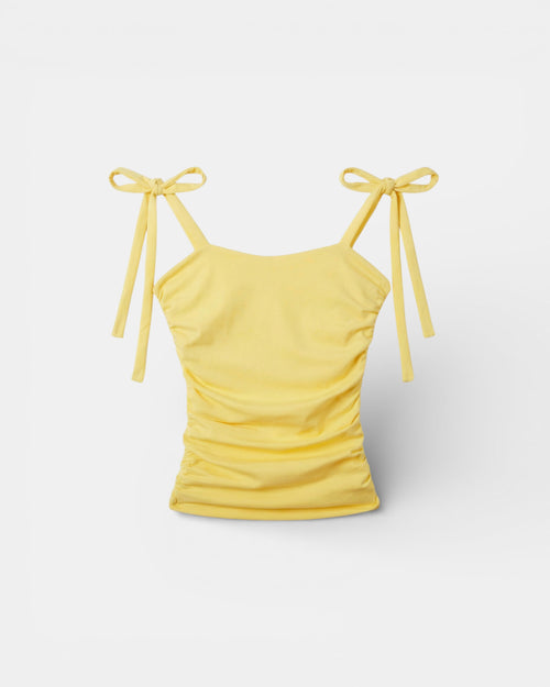 Pransh Muse Cinch Top in Honey (yellow), women’s sweetheart neck cropped top with adjustable tie straps and side cinch ruching